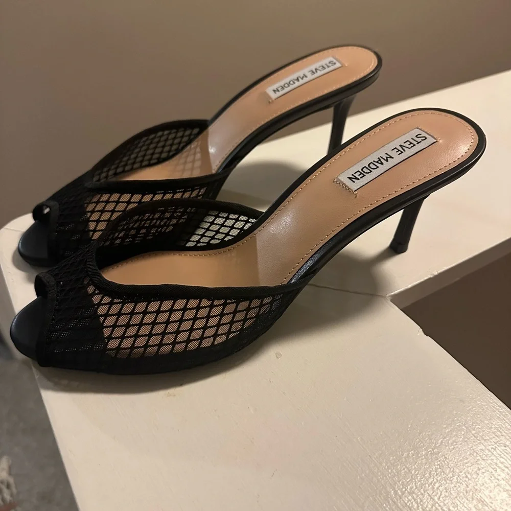 Steve Madden Black Mesh Open-Toe Heels - Picture 2 of 6